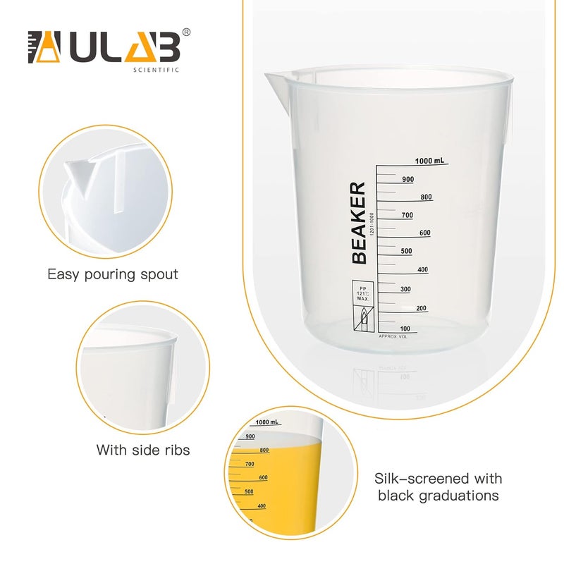 ULAB Scientific Stackable Graduated Plastic Beakers, 3pcs of 1000ml(33.8oz), with Easy-to-Read Printings in Black, UBP1014 - Image 3